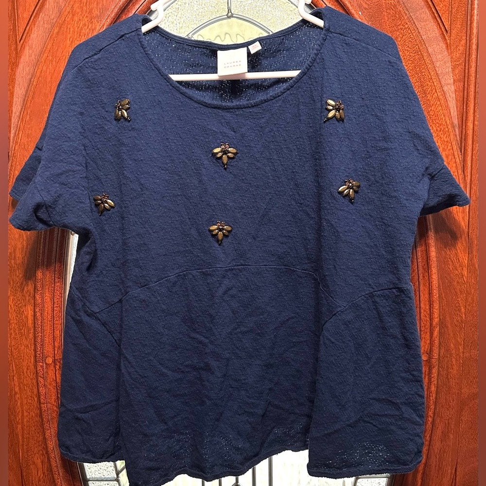 LC Lauren Conrad Navy Short-Sleeve Embellished Knit Top